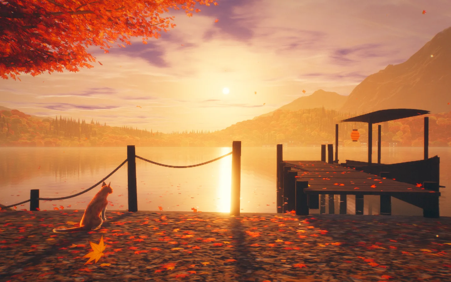 紅葉の枝の下、夕日の沈む湖と桟橋の前に猫が座って、湖を眺めている3Dの場面
